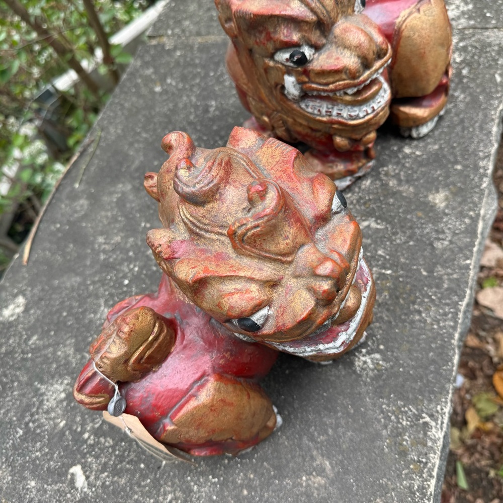 2 Vintage Carved Wood Thai Guardian Foo Dog Statues - Picture 4 of 16